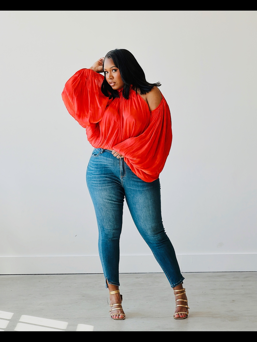 Red Cold Shoulder Balloon Sleeve Top